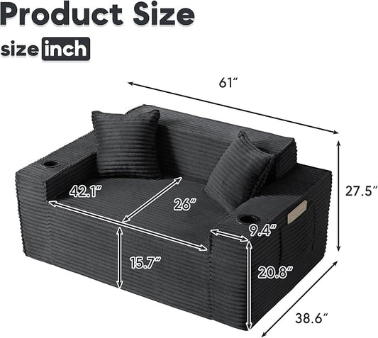 Boneless Sectional Sofa Couch with Cup Holders & Side Pockets, Modern Corduroy Fabric Deep Seat Loveseat Cloud Couch for Living Room Office, No Assembly (Grey)