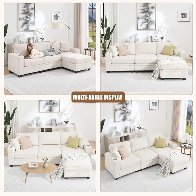 97" Modular Sectional Sofa with Storage, Corduroy 4-Seater L-Shaped Sofa with Ottoman Chaise, Cloud Sectional Couches for Living Room, Apartment