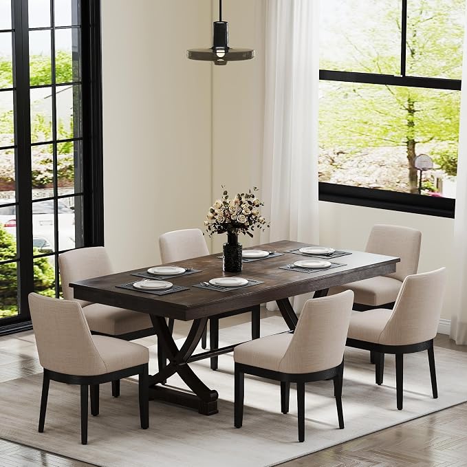 RIVOVA Upholstered Dining Chairs Set of 6, Modern Wooden Dining Room Chair Linen Fabric Kitchen Chairs Farmhouse Dinner Chair with Black Hardwood Frame, Beige