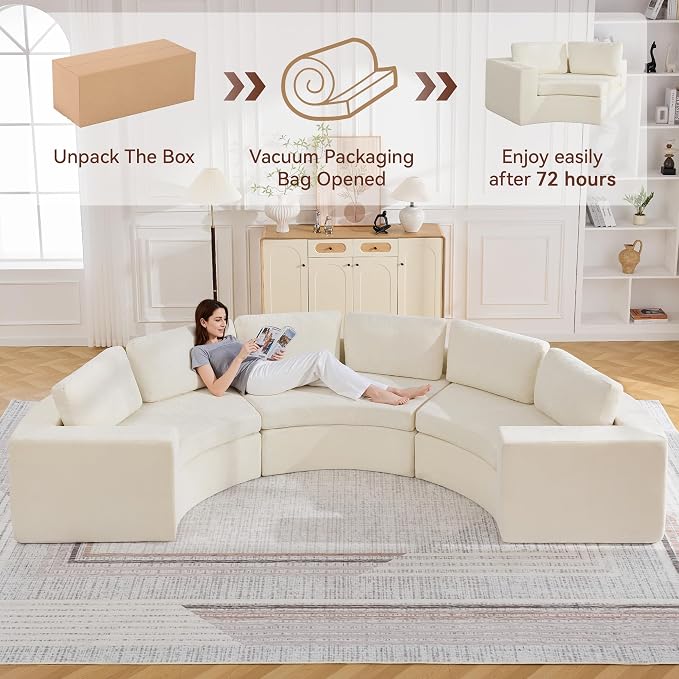 WUTUTUEE 139'' Curved Round Boneless Couch, Oversized Cloud Sofa with Deep Seat & Arms, Chenille Modular Sectional Sofa with Pillows, Upholstered Comfy 6 Seat Couch for Living Room, White