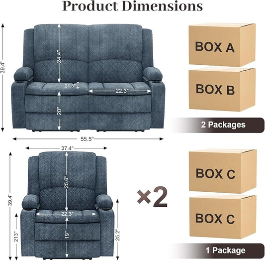 Yolsali Loveseat Recliner Sofa Set with 2-Tier Cushion, 2+1+1 Pieces in Living Room, 2 Seater Reclining Loveseat Velvet Fabric with Removable Console, 2 Oversize Recliner Chair Sofa Seat - Blue