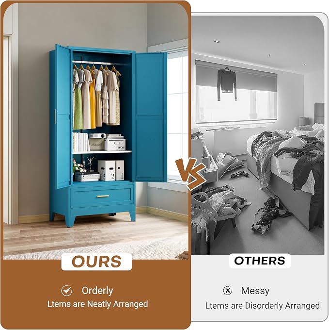 71" H Armoire Wardrobe Closet with 1 Drawer, Metal Wardrobe Closet with Doors and Adjustable Shelves, Wardrobe Cabinet with Hanging Rod, Closets for Bedroom, Laundry Room, Blue