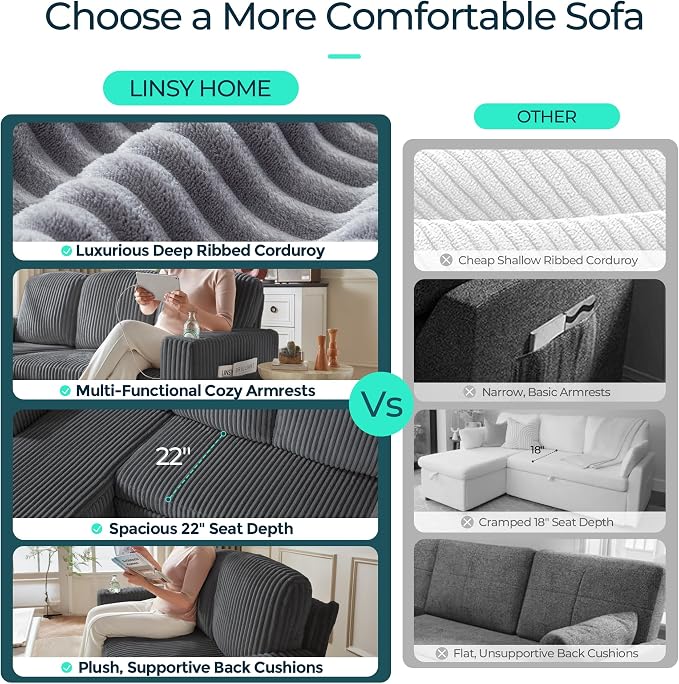 LINSY HOME Sectional Sleeper Sofa with Pull Out Couch Bed for Living Room (Grey) | Plush Corduroy
