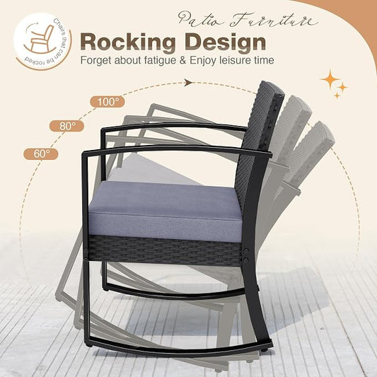 Greesum 3 Pieces Outdoor Furniture Set Patio Bistro Rocking Chairs with Glass Coffee Table for Pool Beach Backyard Balcony Porch Deck Garden, Gray