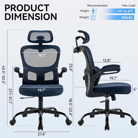AreShark Office Chair Ergonomic Desk Chairs with Adjustable Lumbar Support& Headrest Hanger, High Back Breathable Mesh Chair with Wheels, Rolling Swivel Comfy Task Computer Chair for Home Work Gaming