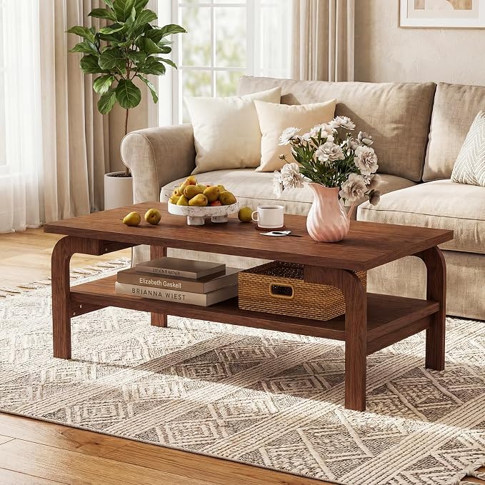 Giantex Mid Century Modern Coffee Table, 47" 2-Tier Center Table with Storage Shelf, Rectangular Vintage Cocktail Table w/Curved Legs & Large Tabletop, Wood Living Room Tables for Apartment, Walnut