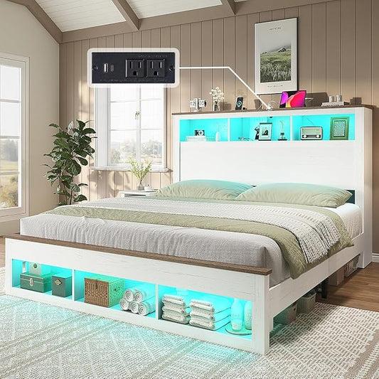 AMERLIFE 3-piece Farmhouse Bedroom Furniture Set, Includes 1 King LED Platform Bed Frame with Bookcase Storage Headboard, Footboard & Charging Station, and 2 Nightstands with Drawers, Distressed White