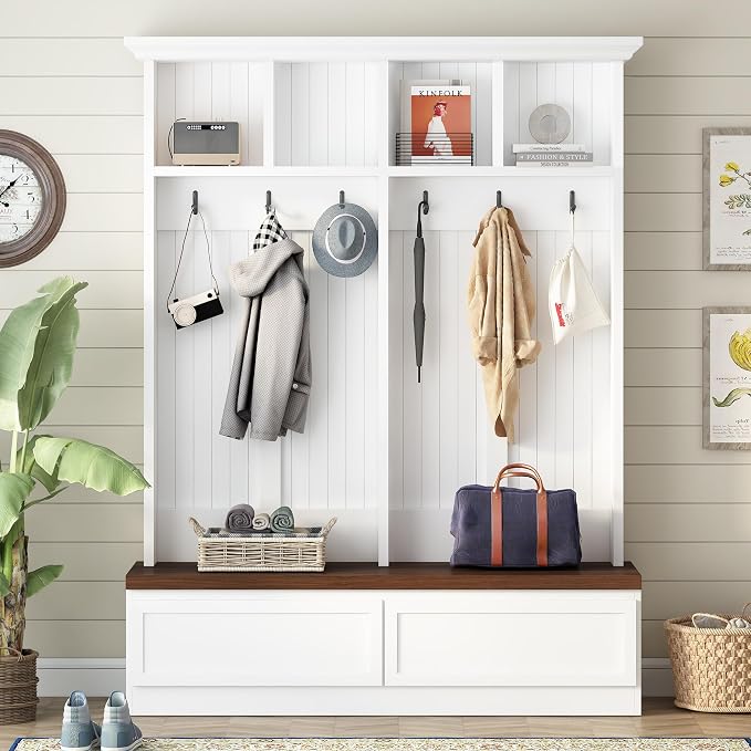 55.9" W Hall Tree with Bench and Shoe Storage,Shoe and Coat Rack with Drawer and Hooks,Farmhouse Furniture for Entryway,Mudroom,Living Room,White
