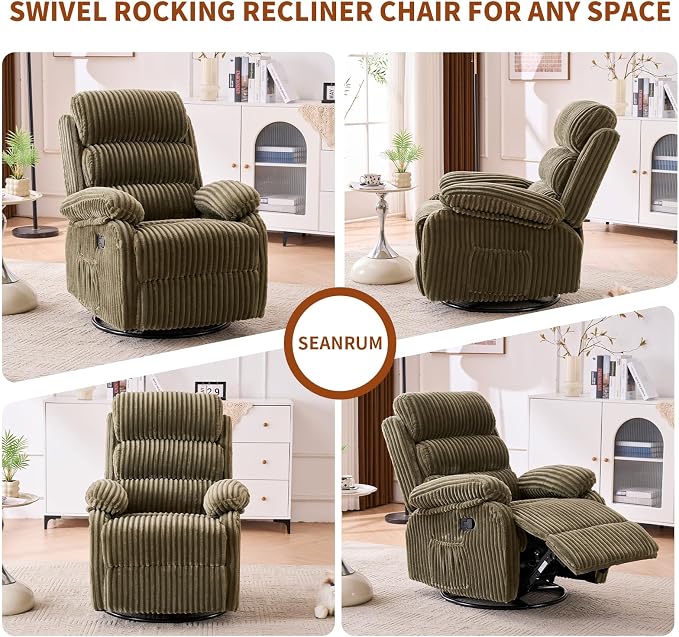 Plush-Soft Velvet 360° Swivel Rocking Chair Nursery Recliner - High Back Gliding Recliner Chair, Plush Footrest, Supportive Armrests & Side Storage Pocket, Ideal for Nursery & Living Room, Green