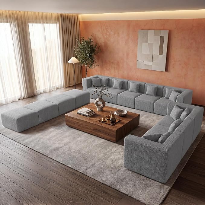 MONVANE Modular Sectional Sofa, Oversized 12 Seat Convertible U Shaped Couch with Ottoman, Comfy Chenille Cloud Couch with Pillow, Sectional Couches for Living Room, No Assembly Required, Light Grey