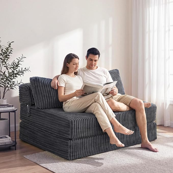 Convertible 4-in-1 Folding Sofa Bed 54" Loveseat Boneless Sleeper Chair Couch Foldable Chaise Lounger & Mattress Pocket Coils+Foam Medium Support, Portable No Assembly for Living Room/Bedroom, Full XL