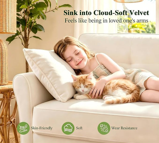 Loveseat Sofa, 69" Love Seat Couches, Comfy Velvet Small Couches for Small Spaces with 2 Pillows, Tool-Free Setup Sofas & Couches, 700lb Load Sofas for Living Room, Mini Couch for Bedroom, White Couch