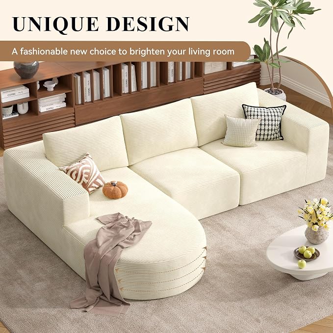 L-Shaped Boneless Couch,104" Couches for Living Room with Curved Chaise,Modular Sectional Sofa with Deep Seat,Modern Cozy Cloud Compression Sofas,No Assembly Required(Beige) 1PCS
