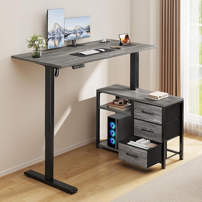 47 Inch L Shaped Desk with 3 Drawers Electric Standing Desks with Storage Computer Table Adjustable Height with Power Outlets 4 Memory Presets for Home Office, Grey