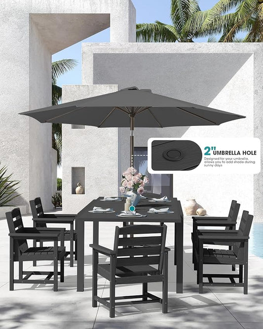 SERWALL 10-Piece Patio Dining Sets with 15FT Patio Umbrella, Black | 60" - 83" Expandable Outdoor Dining Table and 8 HDPE Chairs, All Weather HDPE Outdoor Furniture Set