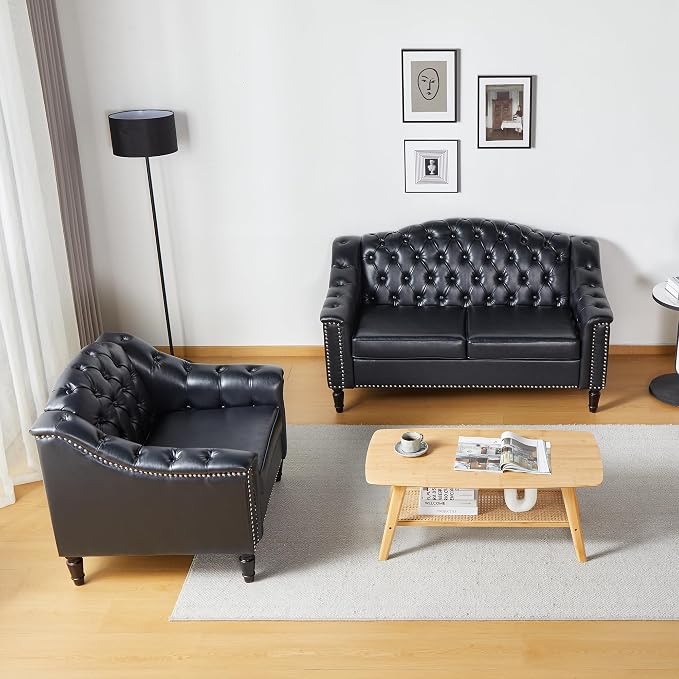 LEVNARY Chesterfield Chair Leather, Upholstered Sofa Chair with High Back, Mid-Century Modern Armchair with Solid Wood Legs, Single Couches for Living Room (Black)
