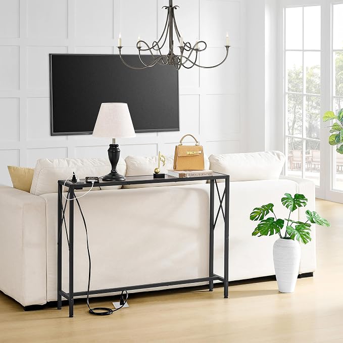 Gewudraw 41.7" Console Table, Narrow Behind The Couch Table with Outlet, Industrial Skinny Sofa Table for Hallway, Entryway, Living Room,Walnut