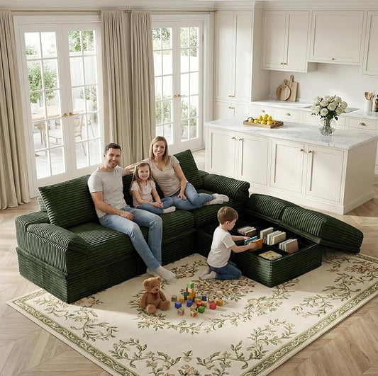 107" Modular U-Shaped Sectional Sofa with Storage, 3-Seat Corduroy Boneless Couch, 27" Deep Seat Cloud Couch & 2 Movable Ottoman, Tool-Free Assembly, Couch for Living Room, Green