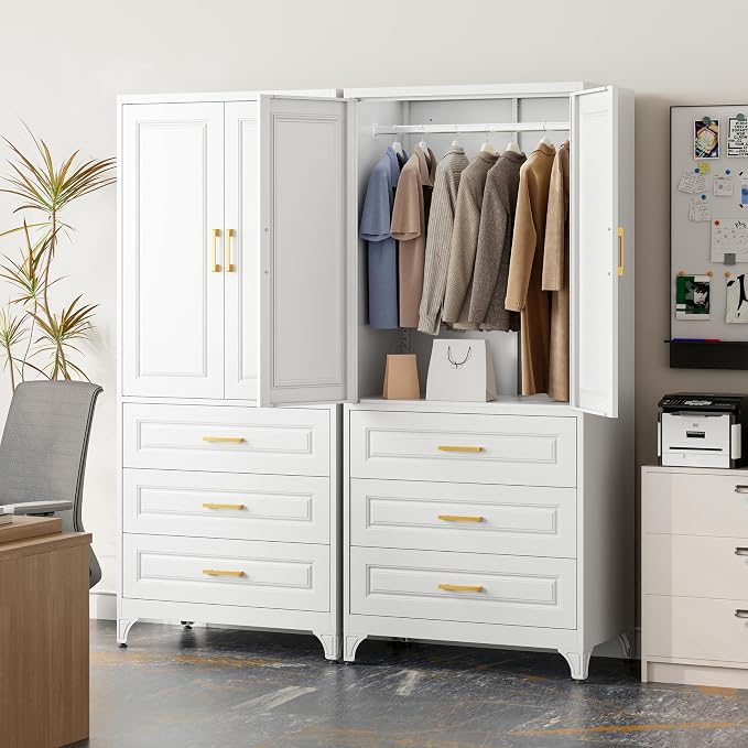 Metal Wardrobe Cabinets with 3 Drawers,White Armoire Wardrobe Closet with Hanging Rod,Clothes Storage Cabinet with Adjustable Shelves and Doors,Clothing Cabinet for Bedroom, Laundry Room,Office