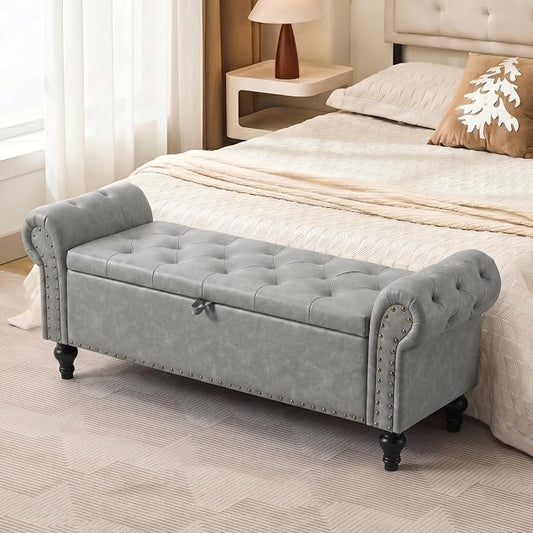 51" Storage Bench for Bedroom, Upholstered Ottoman Bench, Leather LightGray | End of Bed Bench for Bedroom, Window Benches for Living Room, Entryway, Ottoman with Large Storage Space, Pet Friendly