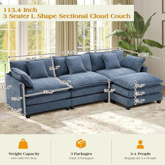 113.4" Modular Sectional Sofa,Cloud Couch for Living Room, Modern Deep Seat Sofa 3 Seater Chenille Fabric Comfy Couches with Throw Pillows & Ottoman for Apartment