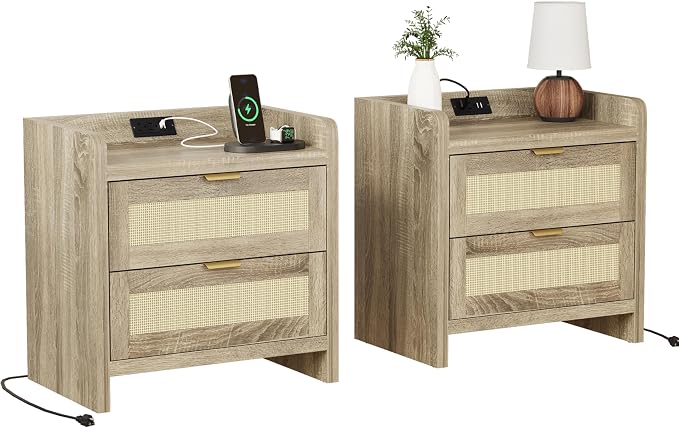 Luoxiao Nightstand Set of 2 with Charging Station - 4 Outlets & 4 USB Ports, Rattan Drawers Side Table, Boho Wood Bedside Tables End Table for Bedroom, Small Space, Easy Assembly (15.4"x23.6"x21.5")