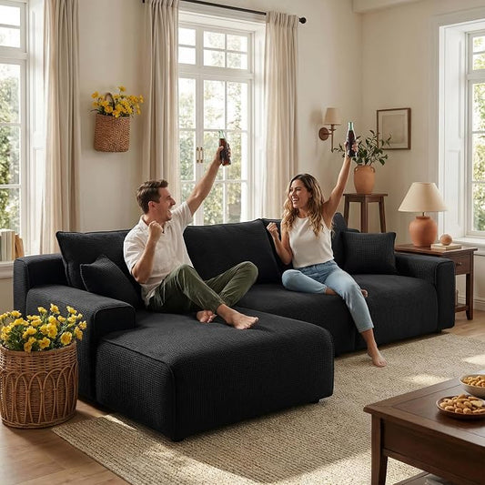 Homkdom 98" Boneless Modular Sectional Sofa, Cloud Couch with 27" Deep Seat & Oversized Chaise, L-Shaped High-Density Foam Sofa for Living Room, No Assembly Required (Black-Check, Left Facing)