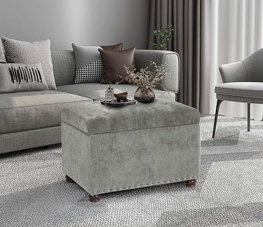Joveco Storage Ottoman Foot Rest Stool, 24" Velvet Footstool Bench for Living Room Bedroom, Light Grey