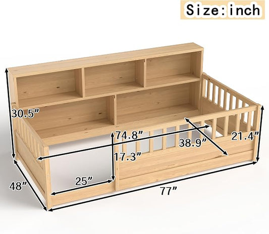 Bellemave Kids Montessori Floor Bed Twin Size,Floor Bed Frame with Bookcase and Fence for Kids Boys Girls,Natural