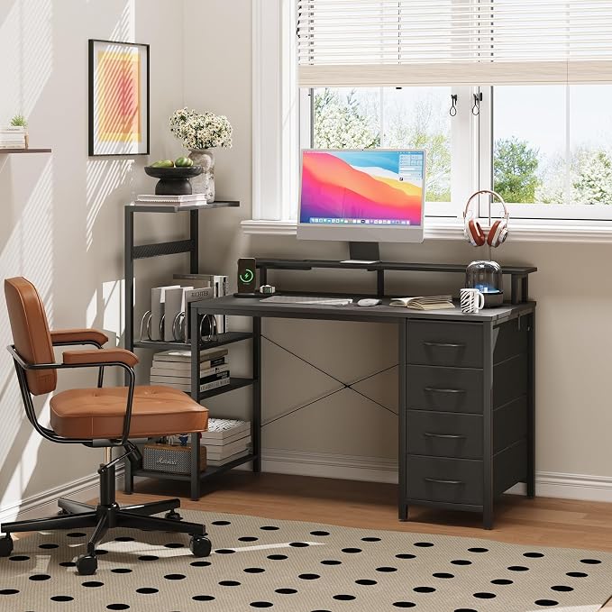 51 Inch Gaming Desk with Power Outlet and LED Lights, Computer Desk with 4 Drawers & Storage Shelves, Reversible Home Office Desk with Monitor Stand for Small Space Bedroom, Carbon Fiber Black