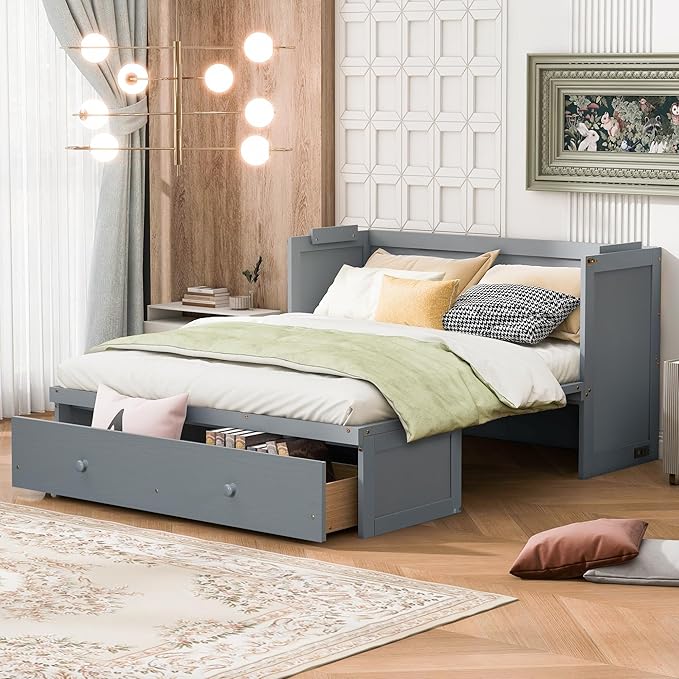 Queen Murphy Bed Cabinet with Storage Drawer and USB Port, Space Saving Bed | Converts from cabinet to bed for overnight guests, has 450-lb capacity, supports a 6-inch mattress, no box spring required