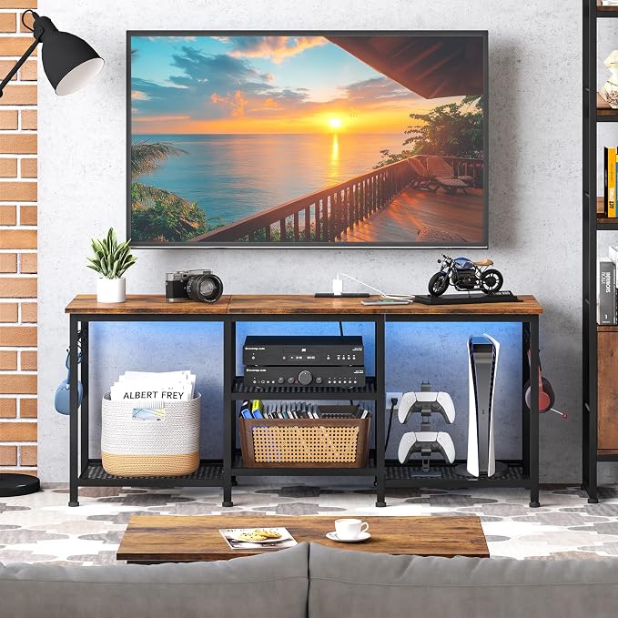 YGEOMER TV Stand for Up to 50 Inch Tvs, Entertainment Center with Outlet Led Lights Open Storage Shelves, TV Consoles for Living Room Bedroom, Rustic Brown