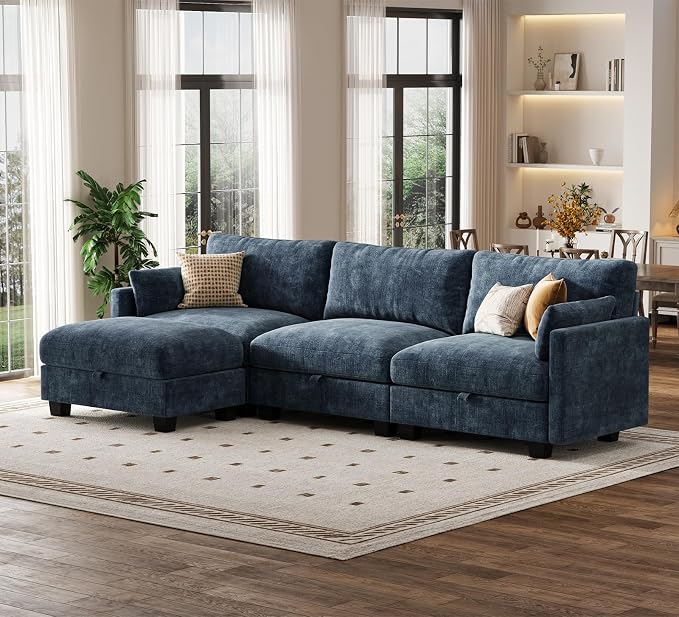 Modular Sectional L Shaped Sofa Couches for Living Room, Cloud Couch with Storage Ottoman, Comfy Chenille Sofa with Pillow, Blue