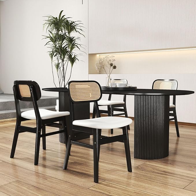 ROCITY Rattan Dining Chairs Set of 4 Black Linen Fabric Dining Room Chairs Natural Wooden Kitchen Chairs Farmhouse Boho