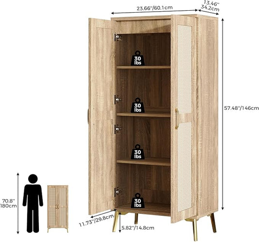 JASIWAY Tall Bathroom Storage Cabinet 57" Rattan Pantry Cabinet, Wood | With Doors and Adjustable Shelves, Freestanding Linen Closet & Wardrobe for Bathroom Laundry Bedroom, Anti-Tipping Device