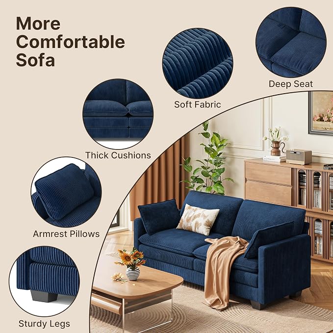 Gizoon 75” Small Cloud Loveseat Couches for Living Room, 2 Seater Love Seat Sofa with Comfy Deep Seat, Small Washable Couches with Removable Corduroy Cover for Apartment, Blue