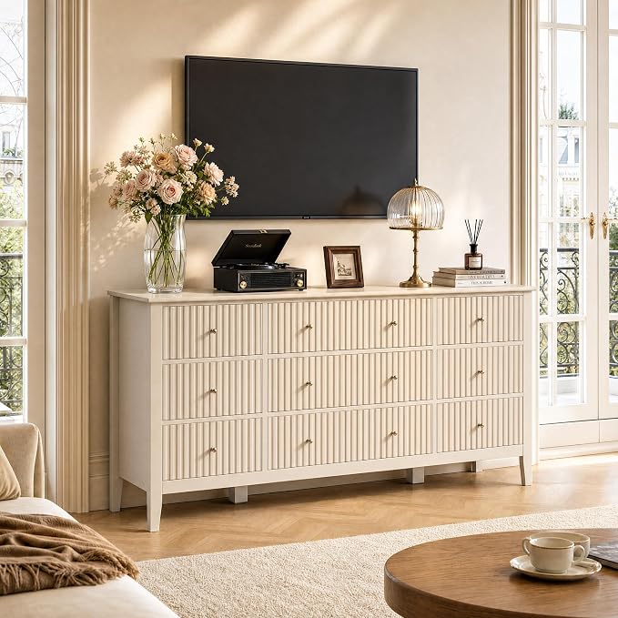 RoyalCraft Fluted Dresser for Bedroom with 9 Drawers, 59" Wide Painted Wooden Chest of Drawers, Modern TV Stand Storage Cabinet for Living Room, Hallway, Beige