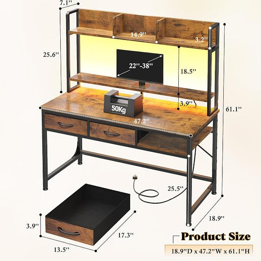 DurayLoly 47.2" Computer Desk with Hutch& Drawers,Desk for Bedroom | Eye-protective Soft LED Teen Study Desk Built-in USB Port for Desk Lamps Monitor Stand, Protect Neck & Spine