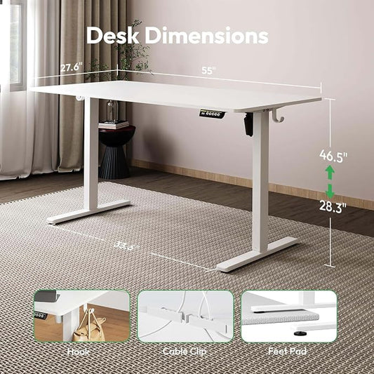 Large Electric Standing Desk,55x28 Inches Adjustable Height Stand up Desk, Sit Stand Home Office Desk, 3 Preset Heights,Equipped with Hooks,Ergonomic Computer Desk Workstation,White
