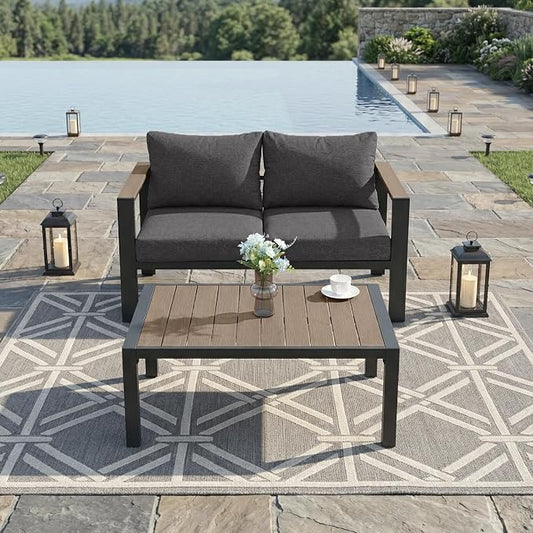Patio Furniture Set Loveseat and Coffee Table All-Weather Patio Sofa with Washable Thick Cushions, Deluxe Aluminum Modern Outside Sectional for Porch, Balcony, Deck, Yard, Dark Gray