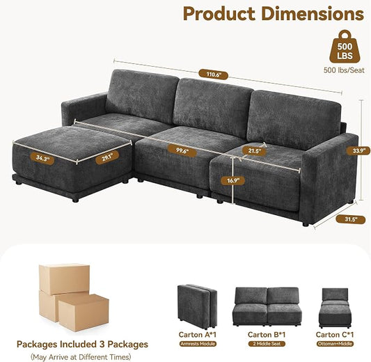 110.6" L Shaped Sectional Sofa, Modular Cloud Deep Seat Couch with Movable Ottoman, Oversized Thicked 4-Seats Sofas for Living Room, Chenille Grey