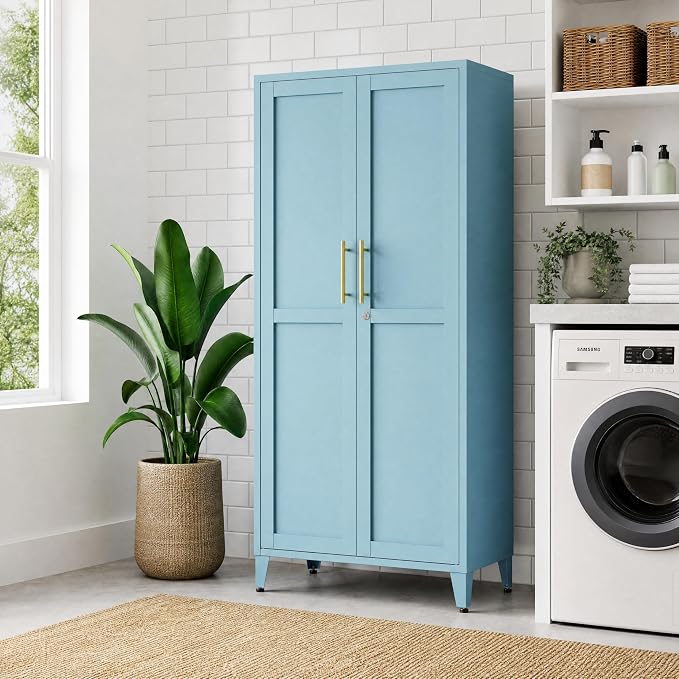 Lockable 61 Inch Tall Metal Storage Cabinet,2-Door Metal Pantry Cabinet with Adjustable Shelves, 4-Tier Steel Storage Locker for Bedroom Kitchen, Home Blue 61" H X 27.6" W X 13.8" D