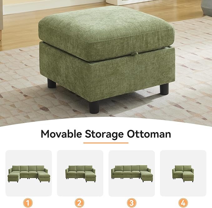 WUTUTUEE 83”L-Shaped Modular Sectional Sofa with Storage & Movable Ottoman, Convertible 4-Seat Reversible Chaise Chenille Couch for Living Room, Soft Green Fabric, Modern Design