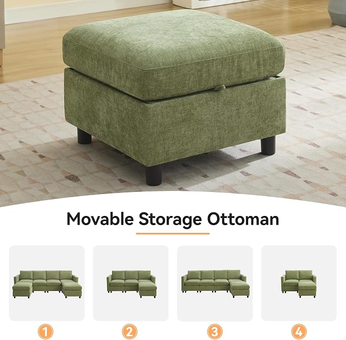 WUTUTUEE 58”Modular Sectional Loveseat Sofa with Storage, Comfy Office L Shaped Sofa Couch, Chenille Love Seat Modular Sectional Couch with Movable Ottoman for Living Room, Bedroom, Green