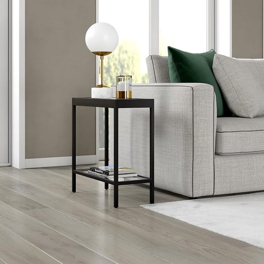 Henn&Hart 24" Wide Rectangular Rectangular Side Table in Blackened Bronze, Table for Living Room, Bedroom | Two-tiered glass shelves with a metal frame, offering open display space for living rooms, offices, or bedrooms