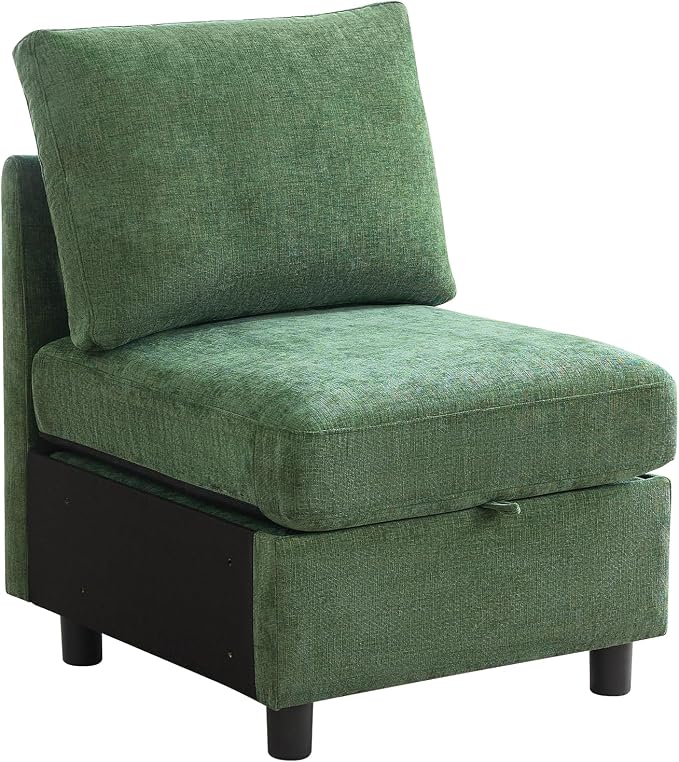 WUTUTUEE Middle Seat Module for Modular Sectional Couch Sofa, Living Room Accent Armless Sofa Chair with Storage & Pillow, Modern Side Sectional Middle Unit, Chenille Dark Green