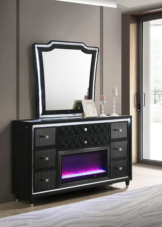 Coaster Home Furnishings Lorient 8-Drawer LED Flame Box Dresser and Mirror Black 223163FBM