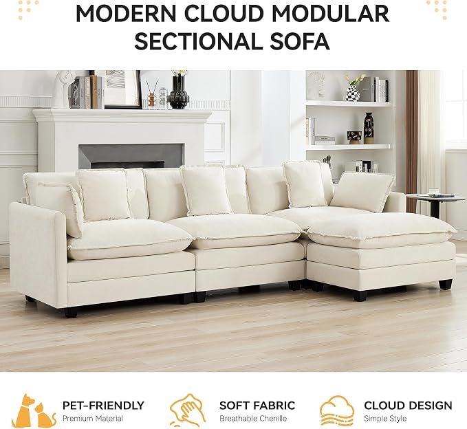 111'' Sectional Cloud Deep Seat Couch, Modern Comfy Chenille L Shaped Sectional Sofa for Living Room Set, Upholstered Modular 4-Seats Sofa Couch with Movable Ottoman, Beige