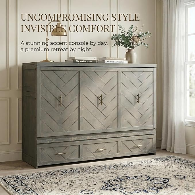 Bellemave Queen Size Murphy Bed with Charging Station and Storage, Farmhouse Murphy Bed with Foldable Panel for Guest Bedroom, Living Room, Office, Grey