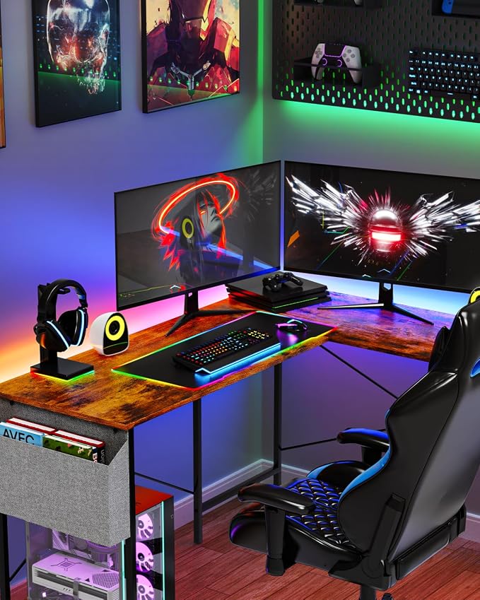L Shaped Desk - 50" Reversible Home Office Computer Desk, Wood Top, Metal Frame, Side Bag, Sturdy Gaming Desk Corner Table for Work, Writing and Study, Space-Saving